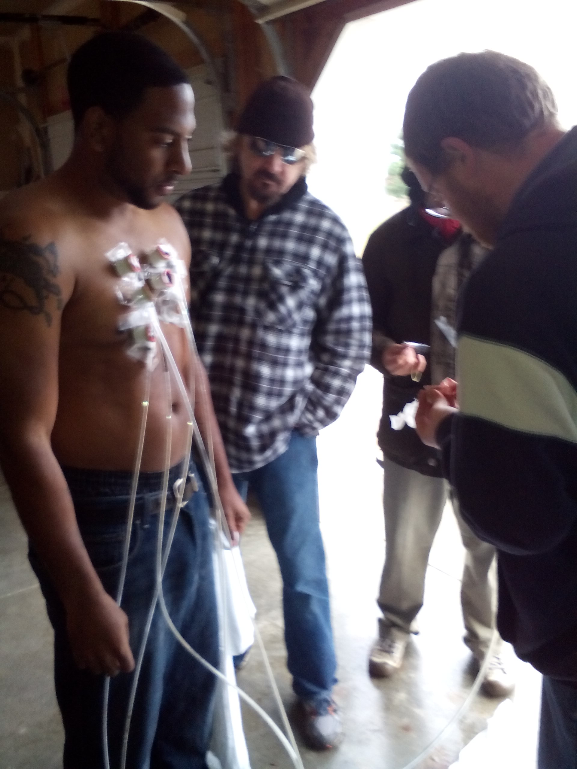 John oversees setting of squibs on actor Eddie Flake with Cliff Goldsmith and John Nichols in Columbia, Illinois for UABRS film