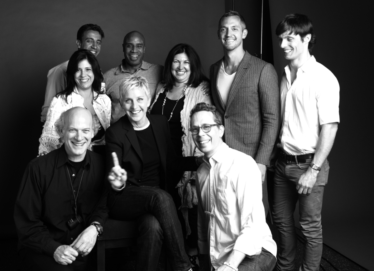Timothy Greenfield-Sanders, Catherine Pino, Orlan Boston, Tommy Walker, Ingrid Duran, Graham Willoughby, Sam McConnell, Charlie Watt Smith and Ellen Degeneres. Filming of The Out List (2013).