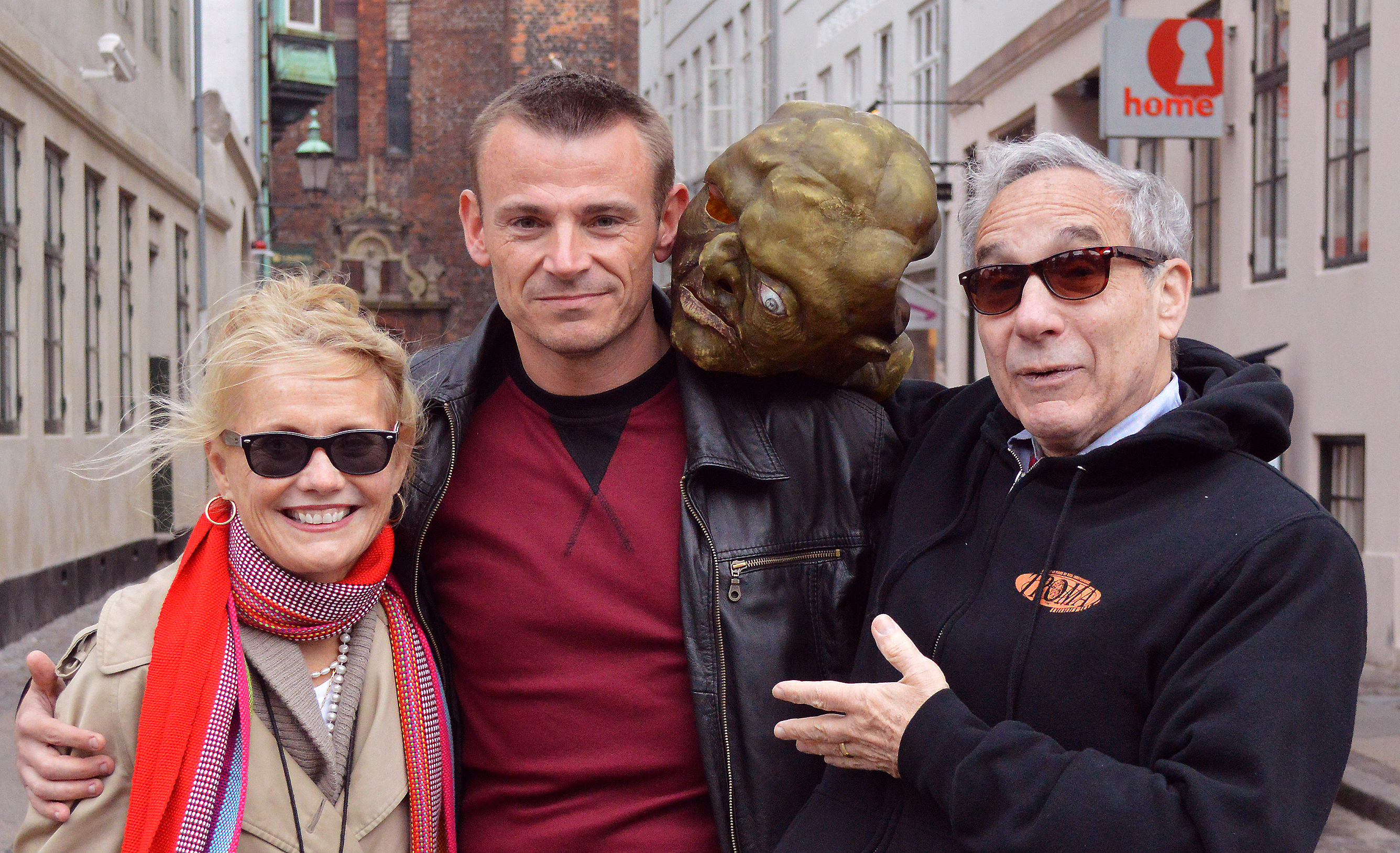 Kim Sønderholm seing the sights in Copenhagen with Pat and Lloyd Kaufman...and Toxie - September 24, 2014
