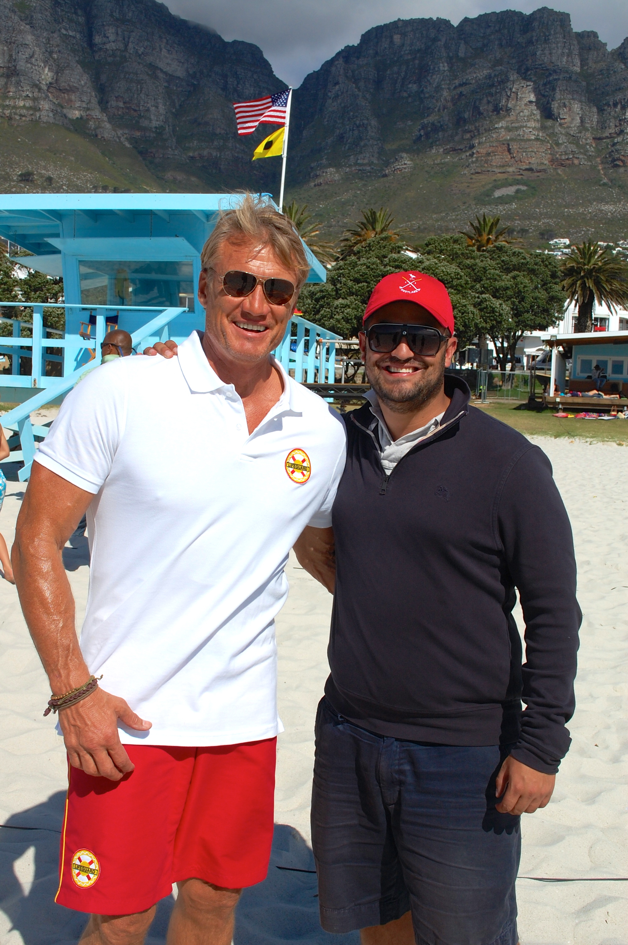 Producer Steven Galanis with Dolph Lundgren on the set of SAF3 in Camps Bay, Cape Town, South Africa.