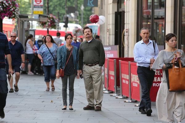 Still of Nick Offerman and Aubrey Plaza in Parks and Recreation (2009)