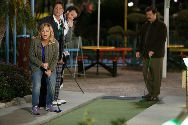 Still of Jon Glaser, Nick Offerman, Amy Poehler and Tyler Golden in Parks and Recreation (2009)