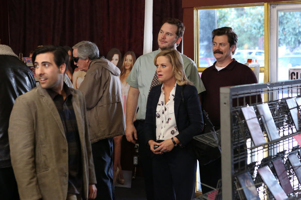 Still of Jason Schwartzman, Nick Offerman, Amy Poehler and Chris Pratt in Parks and Recreation (2009)