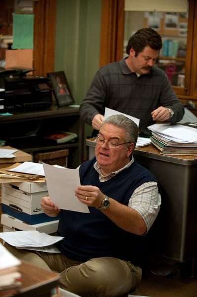 Still of Jim O'Heir and Nick Offerman in Parks and Recreation (2009)