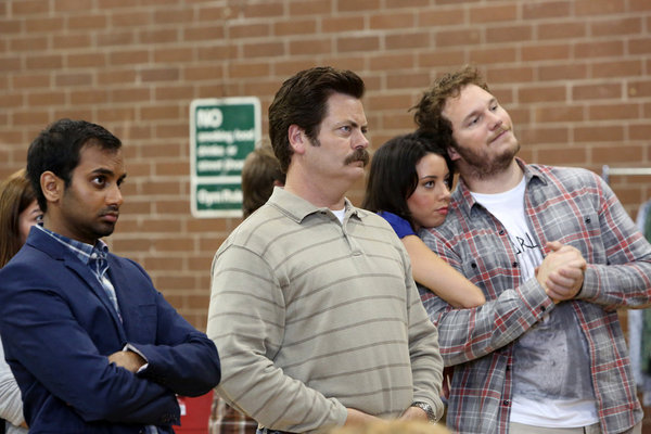 Still of Nick Offerman, Chris Pratt, Aziz Ansari and Aubrey Plaza in Parks and Recreation (2009)