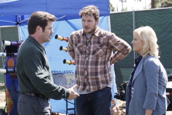Still of Nick Offerman, Amy Poehler and Chris Pratt in Parks and Recreation (2009)