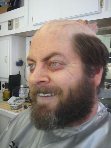 Nick Offerman in the makeup chair on the set of the film 