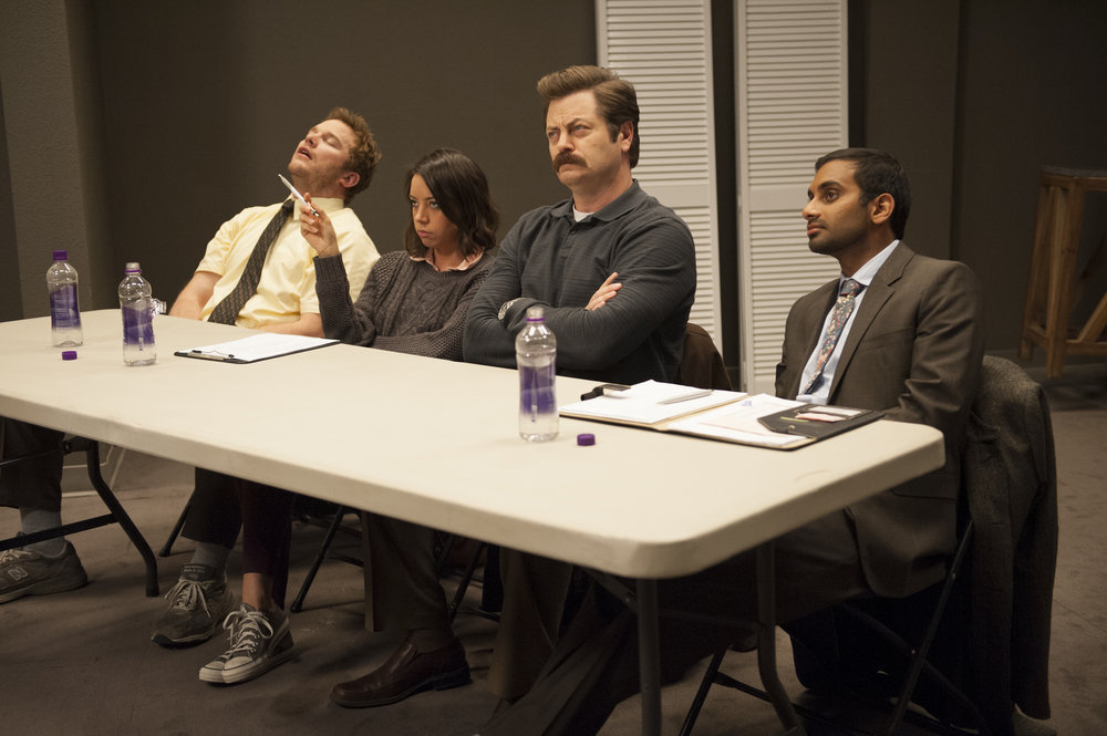 Still of Nick Offerman, Chris Pratt, Aziz Ansari and Aubrey Plaza in Parks and Recreation (2009)