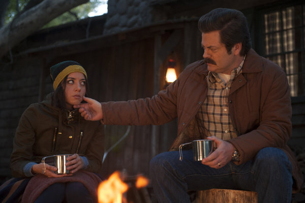 Still of Nick Offerman and Aubrey Plaza in Parks and Recreation (2009)