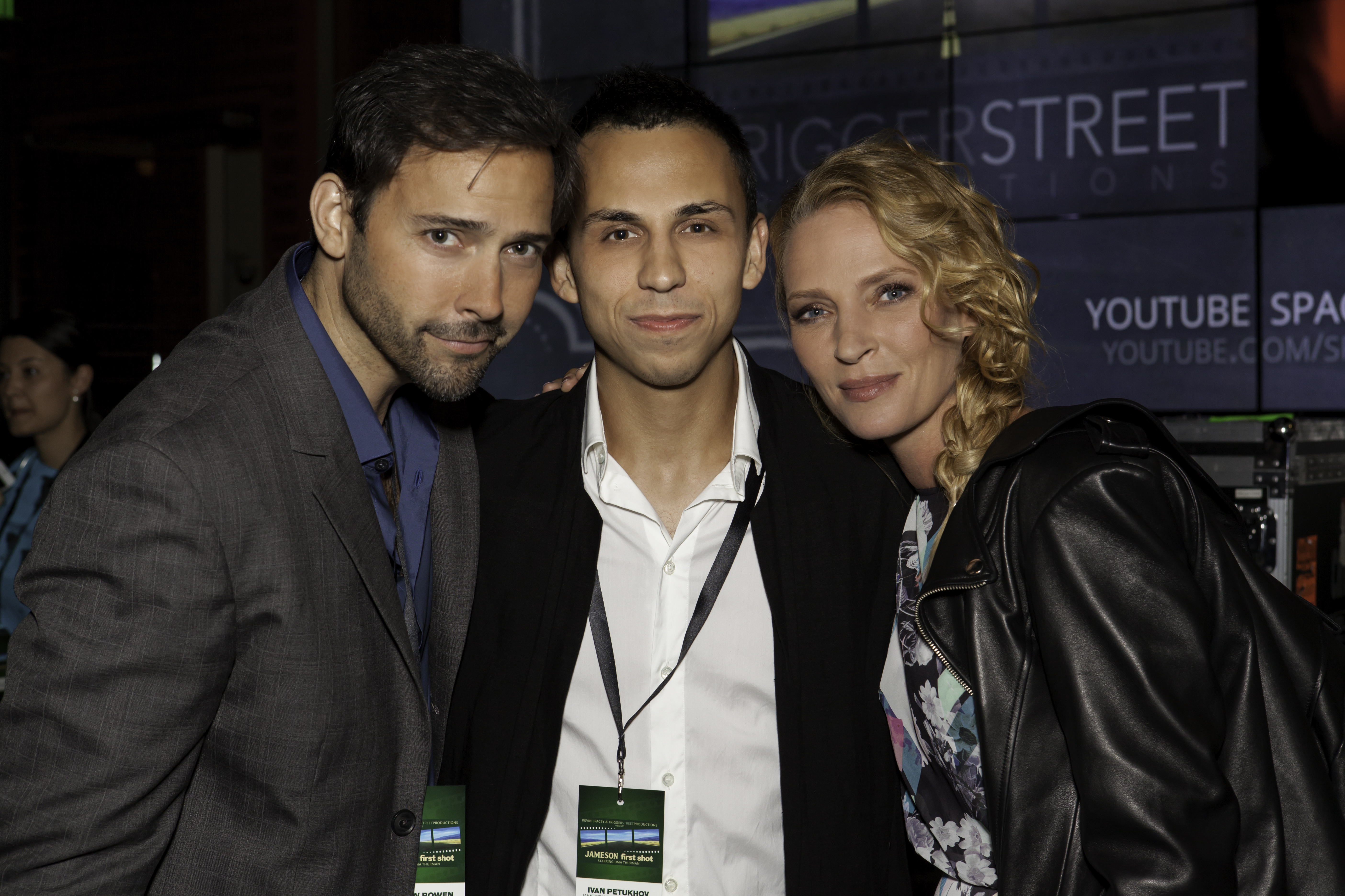 Uma Thurman and Andrew Bowen flank Ivan Petukhov, the director of the Jameson First Shot Winning Film they star in 