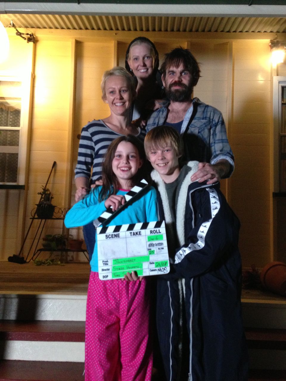 Sophie with fellow cast members Belinda Small, Dan Eady and Nic Hamilton with Director Stacie Howarth (at back) after wrapping on Jackrabbit (2013).