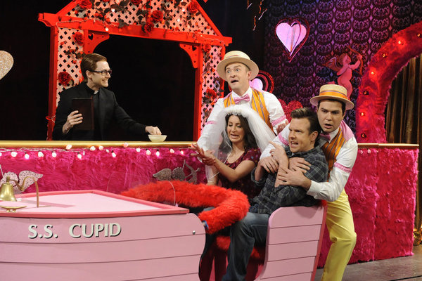 Still of Justin Timberlake, Taran Killam, Jason Sudeikis, Nasim Pedrad and Paul Brittain in Saturday Night Live (1975)