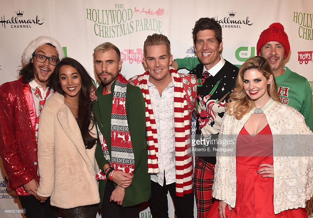 (L to R) Alex & Sierra, Tyler Glenn, Mark McGrath, Kevin Griffin, Charity Daw, and Sam Hollander of Band Of Merrymakers at the 84th Annual Hollywood Christmas Parade. 2015