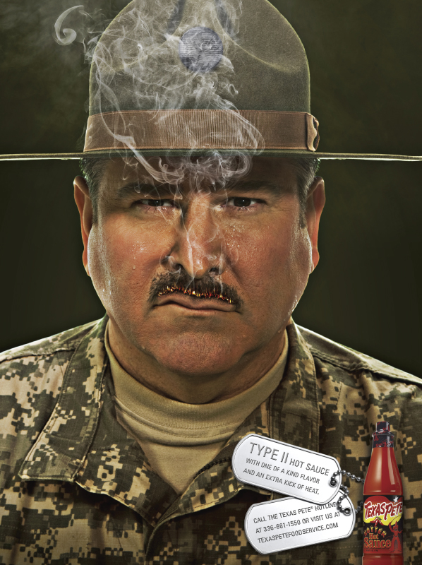 Craig Taylor as the Tough Drill Sergeant in a Texas Pete Hot Sauce ad. Won a local Gold ADDY award.
