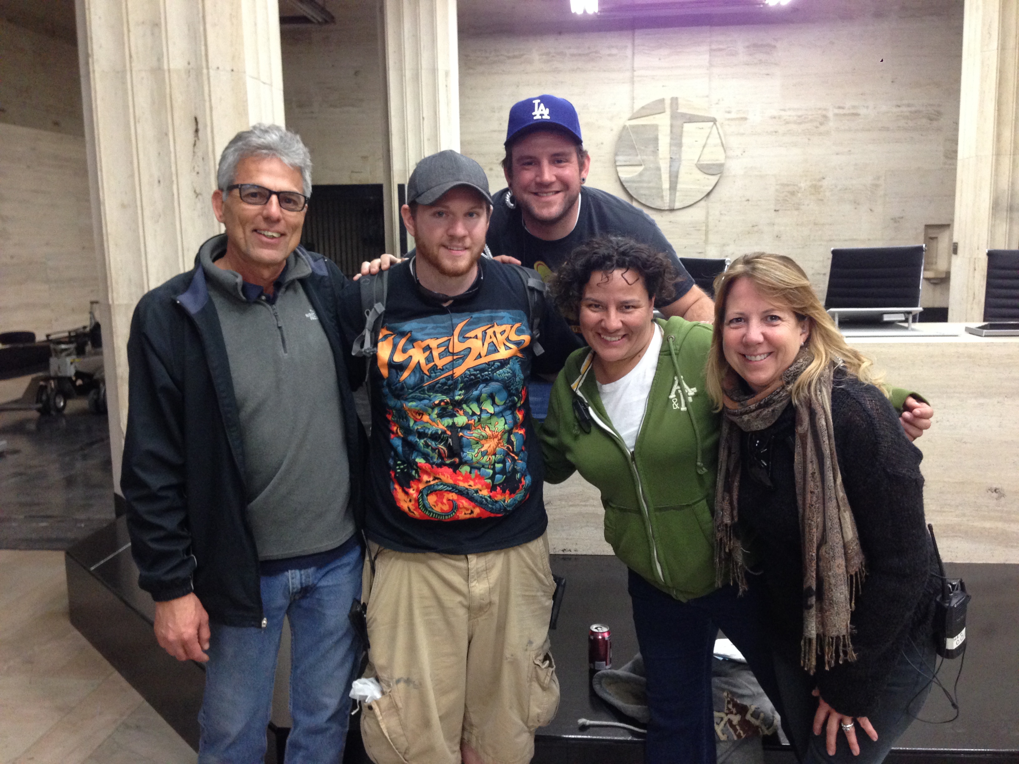 From left to right - Artist Robinson(1st AD), Zack Annesty(Set PA), Walter Myal(Set PA), Jai James(2nd 2nd AD), Dede (2nd AD) on the wrap up day on the set of 