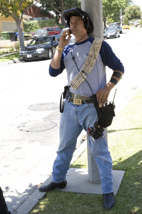 bandelier of c 47's, norms pin tapes to forearm, video goggles on welder head swivel w duviteen attached