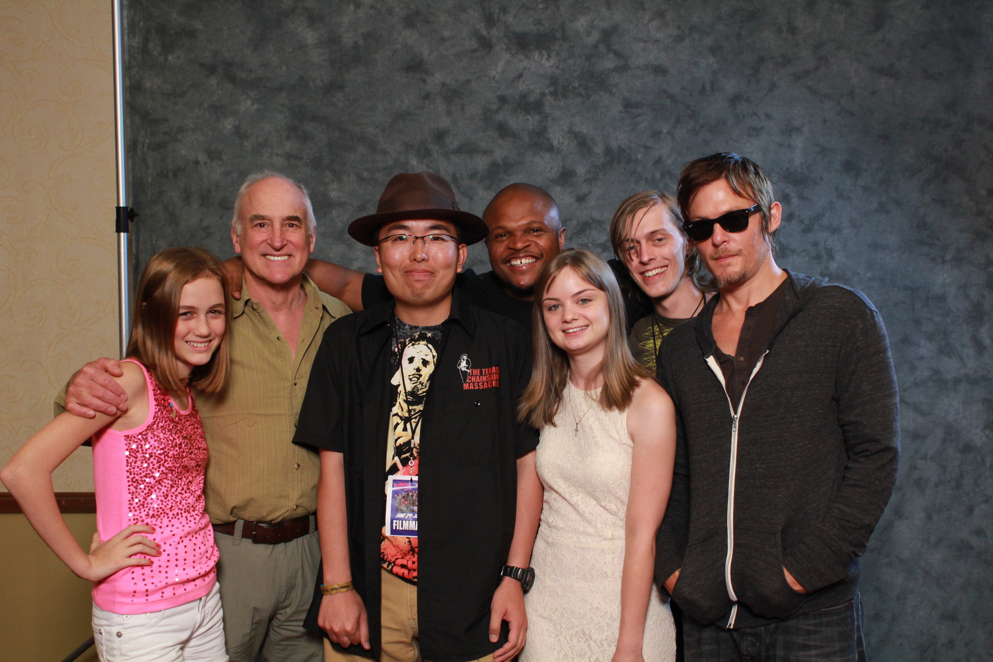 The Japanese filmmaker Ryota Nakanishi who is the Corman Award Winner and the casts from The Walking Dead (TV Series, 2010-). From the left, Madison Lintz; Jeffrey DeMunn; Ryota Nakanishi; Irone Singleton; Savana Jade Wehunt; Kevin Galbraith and Norman Reedus.