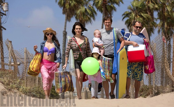 Abby Ryder Fortson stars as Sophie Pearson, the daughter of Mark Duplass and Melanie Lynskey, in HBO's Togetherness pictured here with Amanda Peet, Melanie Lynskey, Mark Duplass, and Steve Zissis.