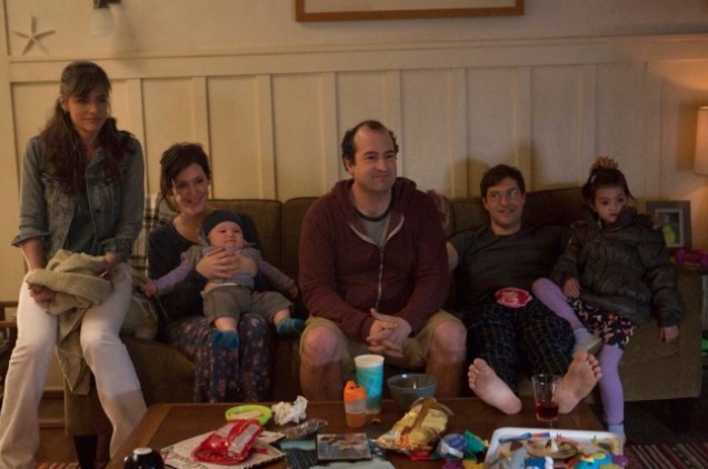 Abby Ryder Fortson stars as Sophie Pearson, the daughter of Mark Duplass and Melanie Lynskey, in HBO's Togetherness. Pictured: Amanda Peet, Melanie Lynskey, Steve Zissis, Mark Duplass, and Abby Ryder Fortson