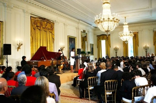 Michelle Obama, at The White House Jazz Series Inauguration with Wynton Marsalis and Thelonious Monk Jazz Institute selectees.