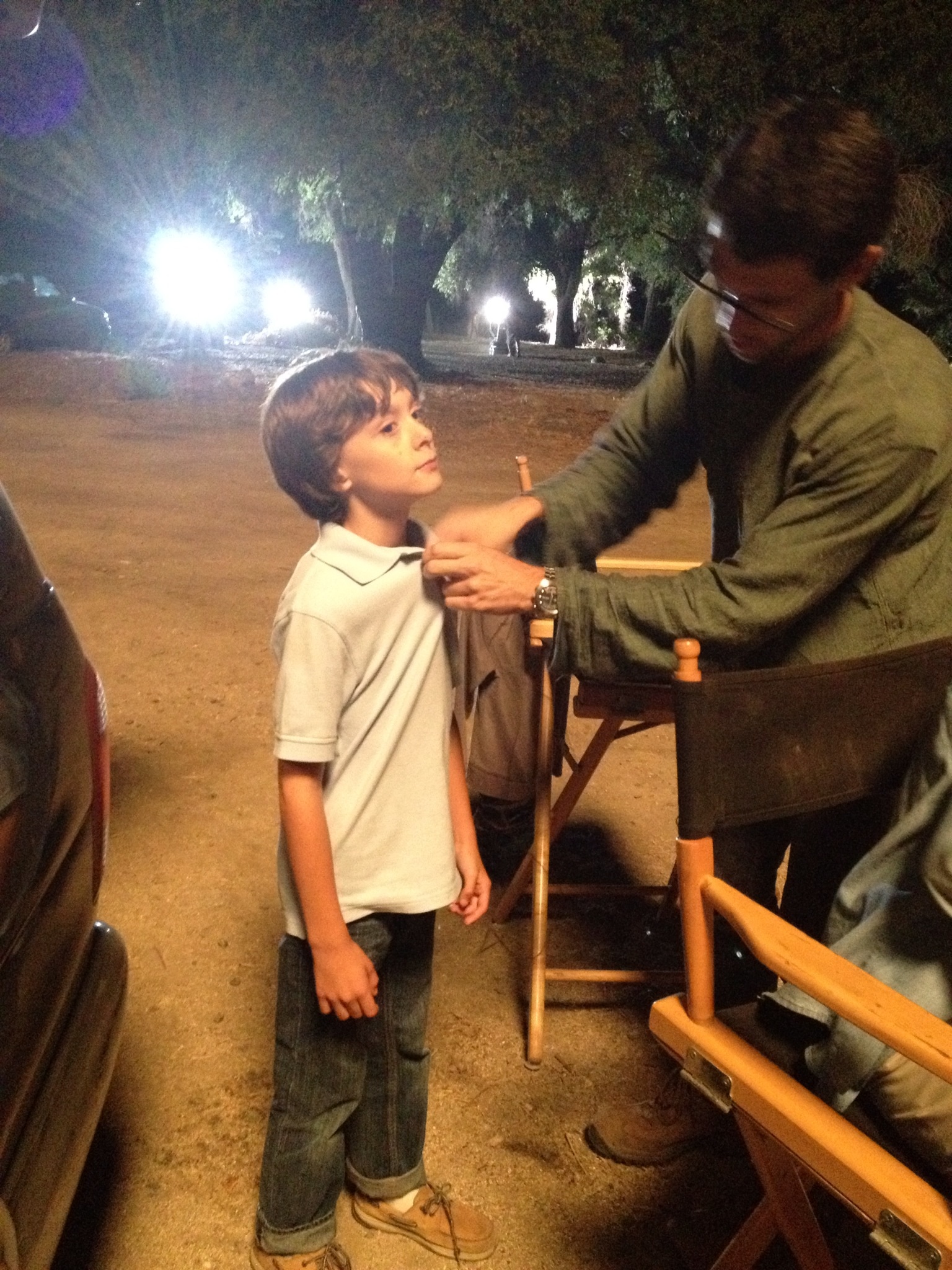 Parker getting wired on the set of Hallmark and Spirit Clips 