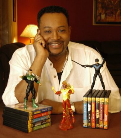 James Lewis with the DC Comic characters he voices, Nightwing, Green Lantern and Firestorm
