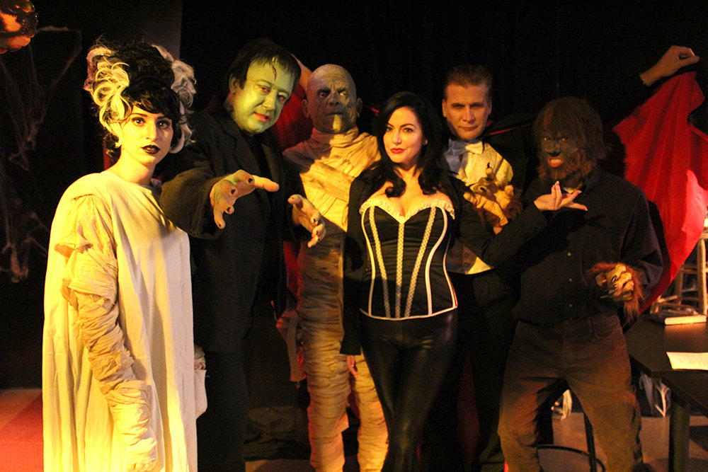 Talia Banuelos as The Bride, Perry Shields as Frankenstein's Monster, Alan August as The Mummy, Natalie Popovich as Ivonna Cadaver, Dean Scofield as Count Dracula, and Alexander Clague as The Wolf Man in MONSTER SCHOOL - A NEW SITCOM.