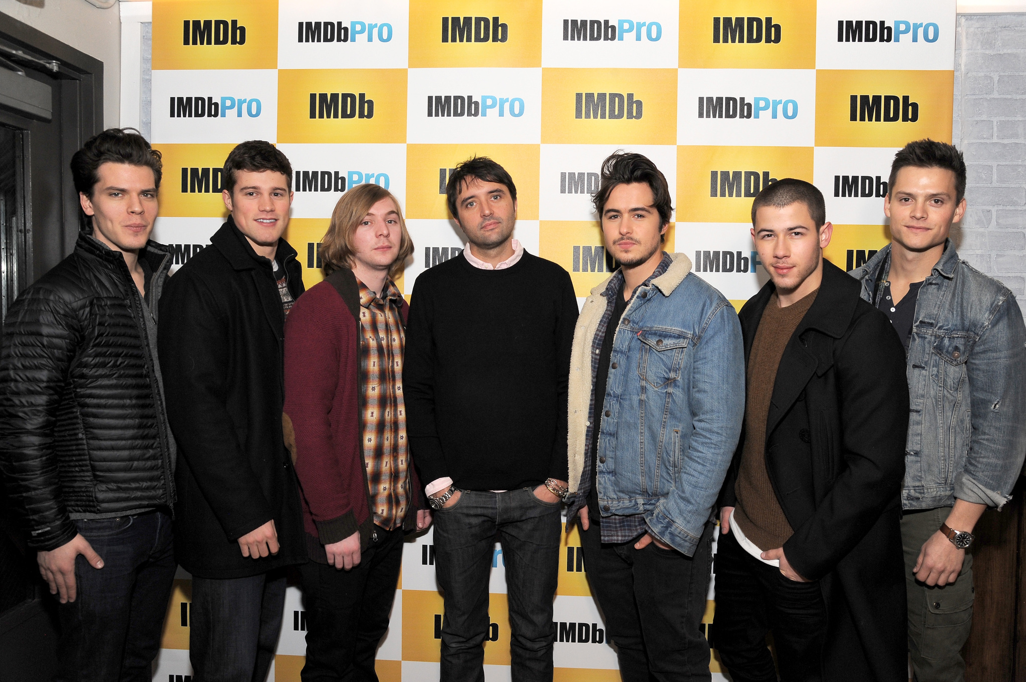 Andrew Neel, Nick Jonas, Ben Schnetzer, Daniel Flaherty, Jake Picking, Austin Lyon and Gus Halper at event of The IMDb Studio (2015)