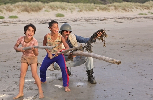 Still of Taika Waititi, James Rolleston and Te Aho Eketone-Whitu in Boy (2010)