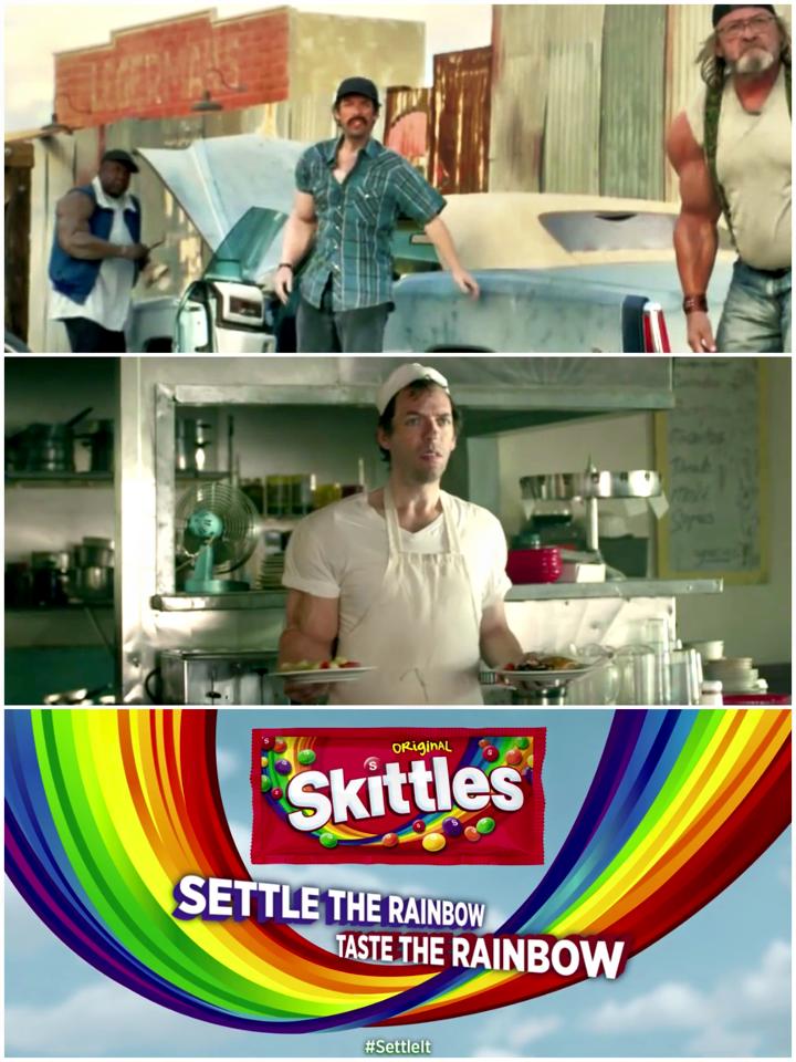 My appearance as two characters in the Skittles Super Bowl XLIX commercial