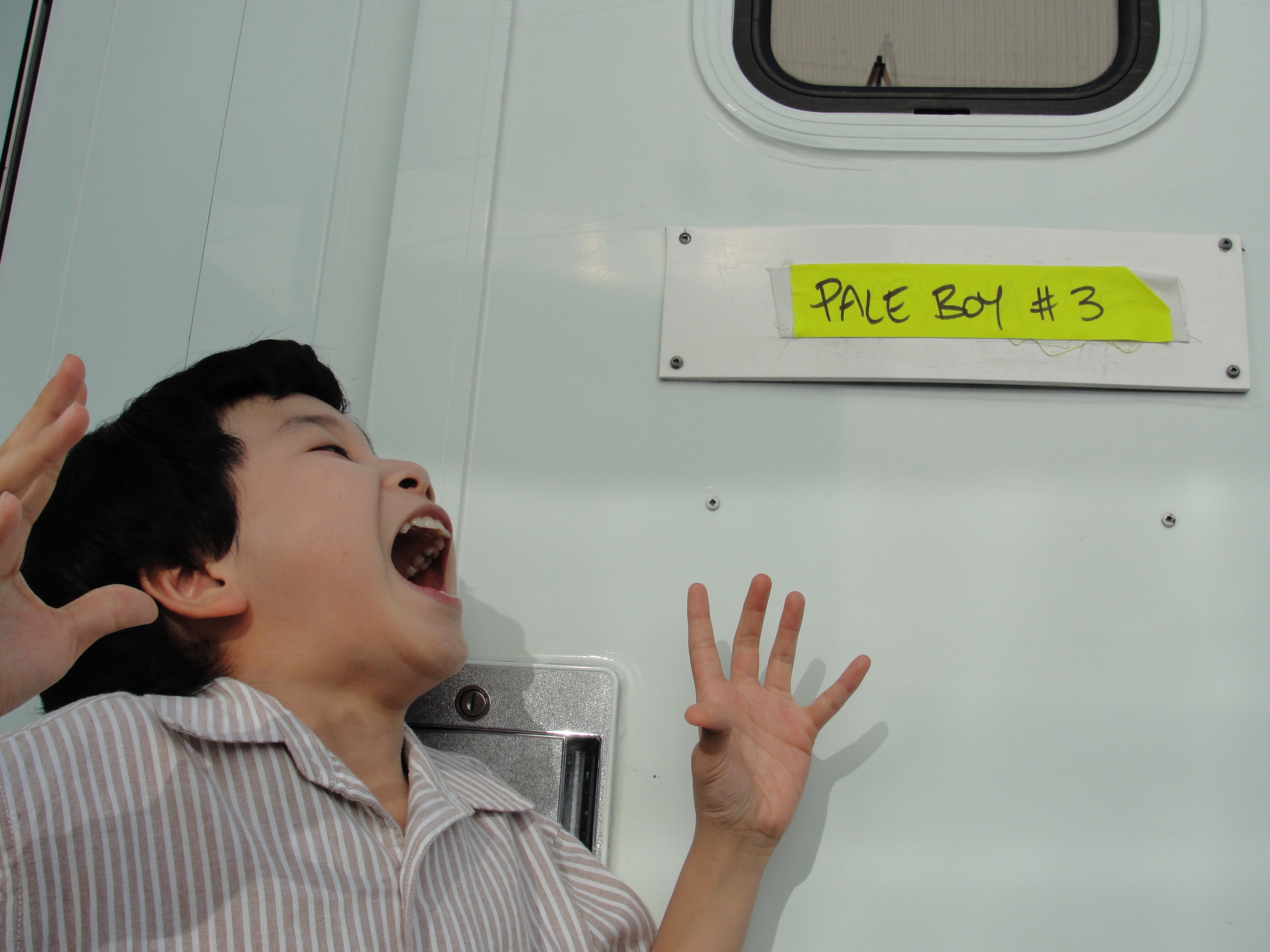 Sean Quan on the set of Psych.