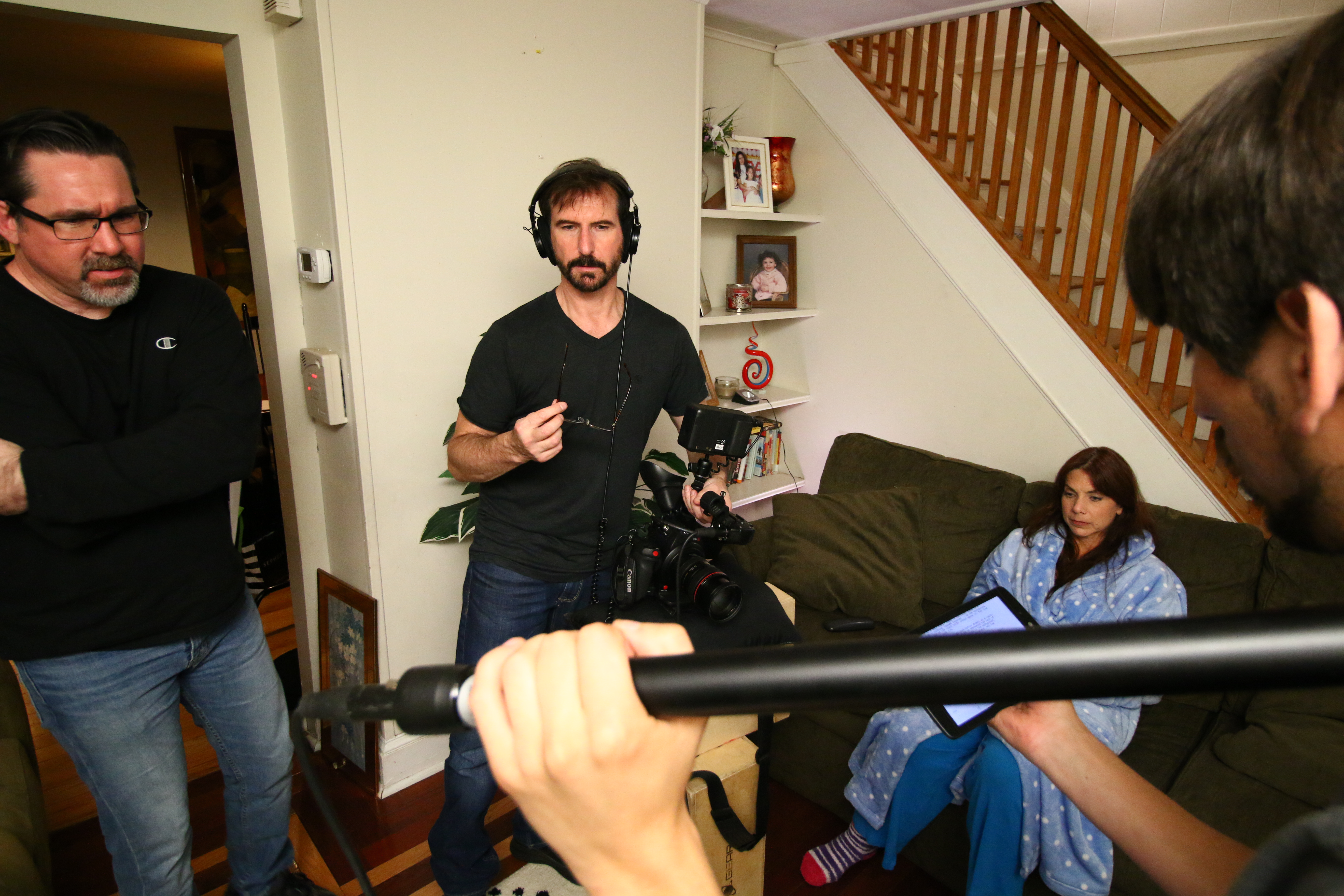 Working behind the scenes (left) as writer, director, and producer of Ditch, a micro-short thriller