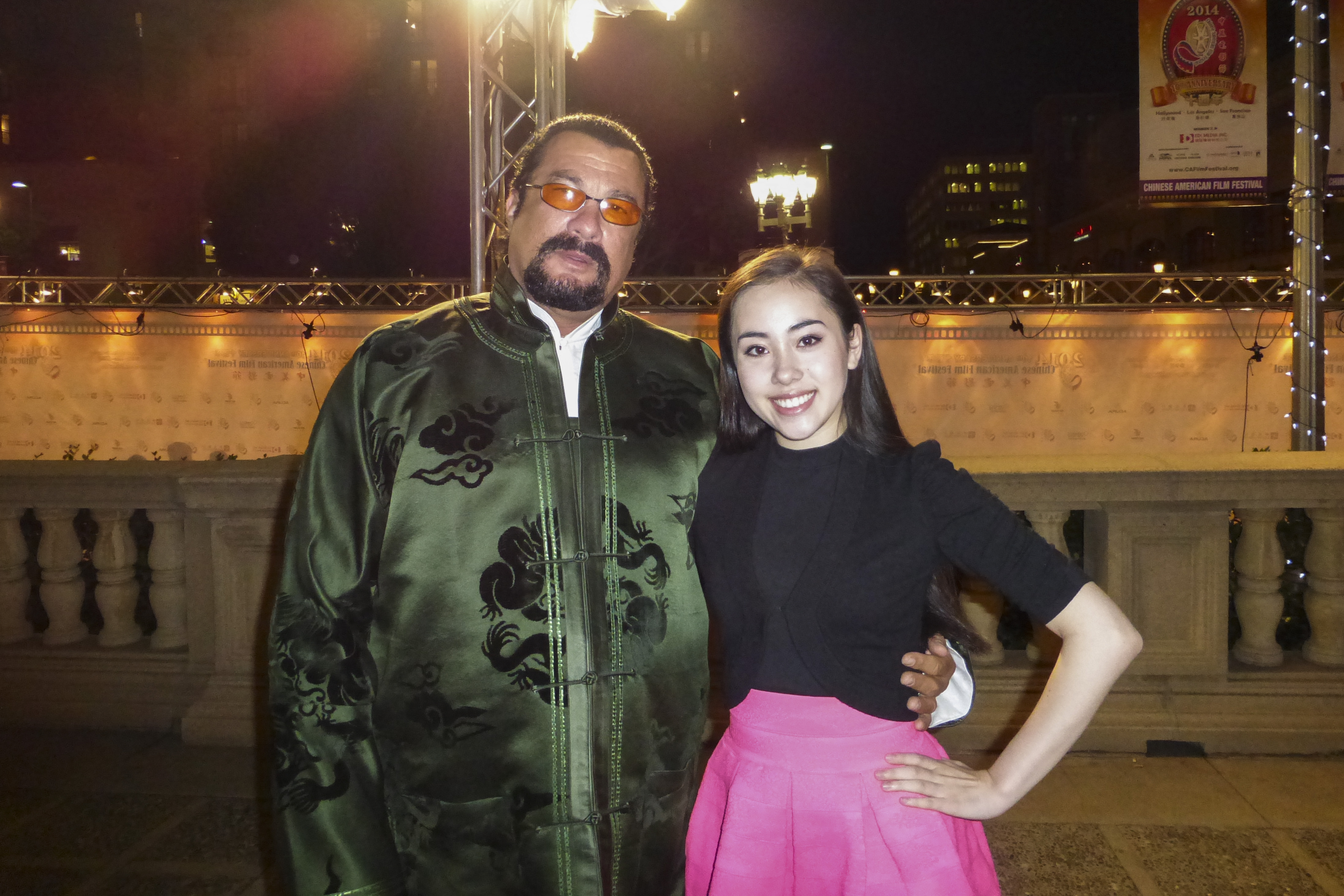 Steven Seagal and Elena House on the red carpet at the Chinese American Film Festival, 2014.