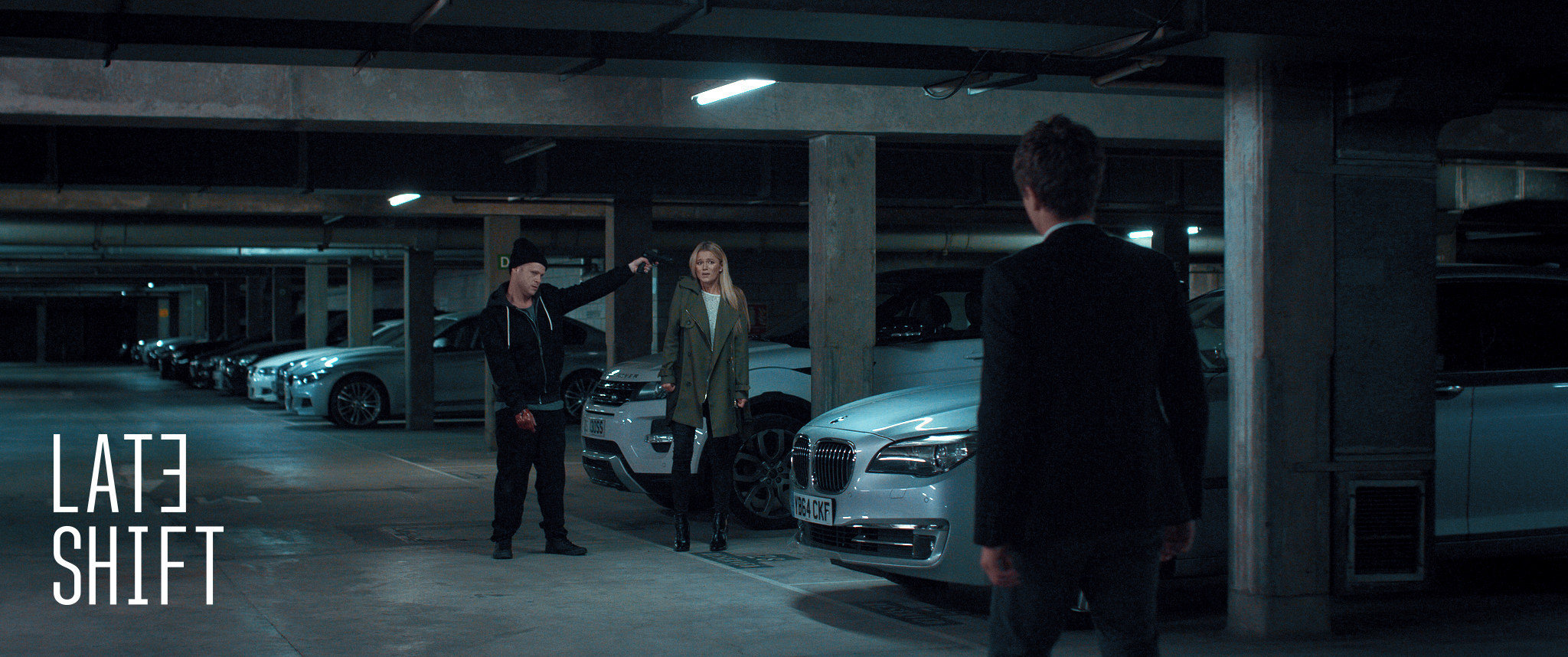 LATE SHIFT movie still. Johnny Sachon, Lily Travers and Joe Sowerbutts.