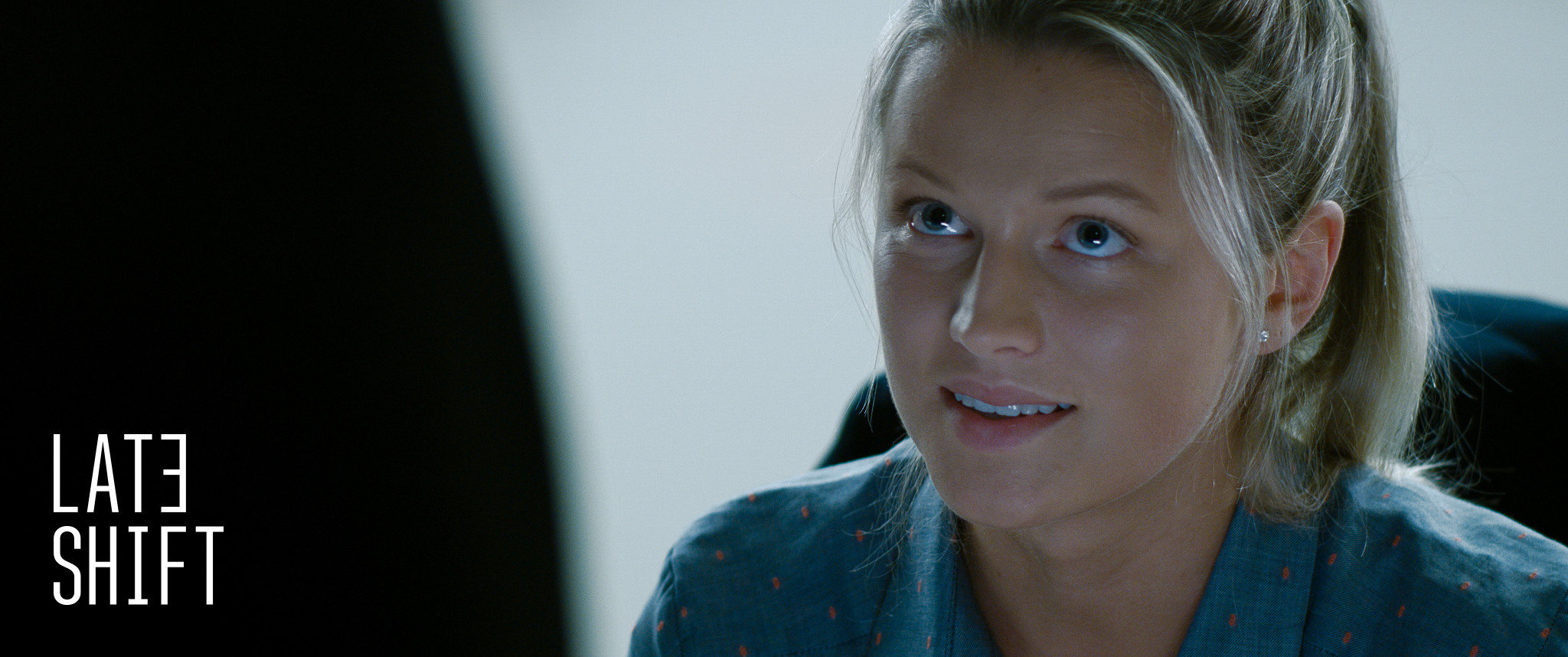 LATE SHIFT movie still. Lily Travers as Elodie.