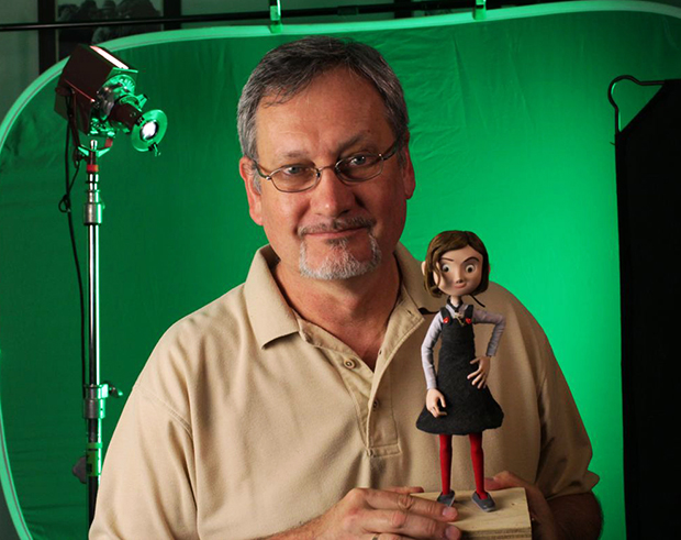 Director and producer Jon V Peters with Sophie puppet from Auntie Claus animated film.