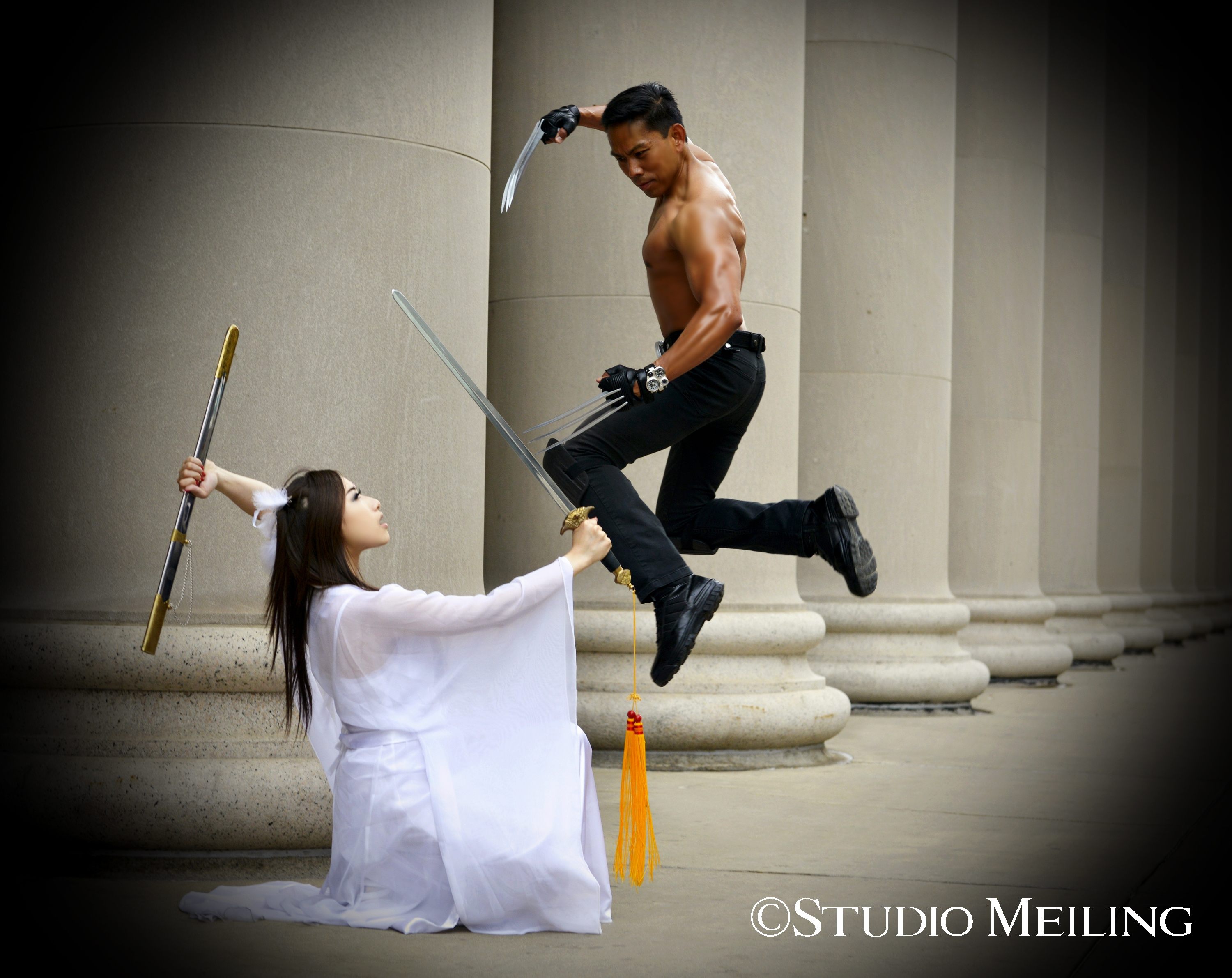 NASA Scientist Jojo Sayson with Meiling Jin shooting action hero photos in Chicago.