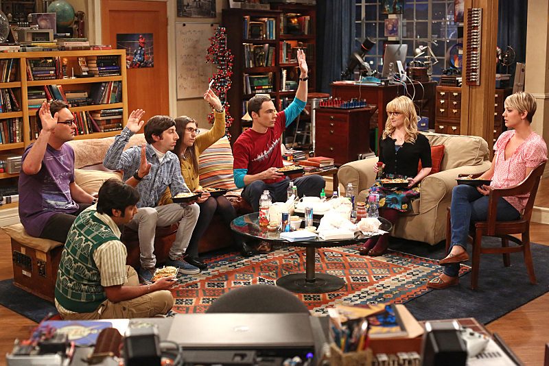 Still of Mayim Bialik, Kaley Cuoco, Johnny Galecki, Simon Helberg, Jim Parsons, Melissa Rauch and Kunal Nayyar in Didziojo sprogimo teorija (2007)