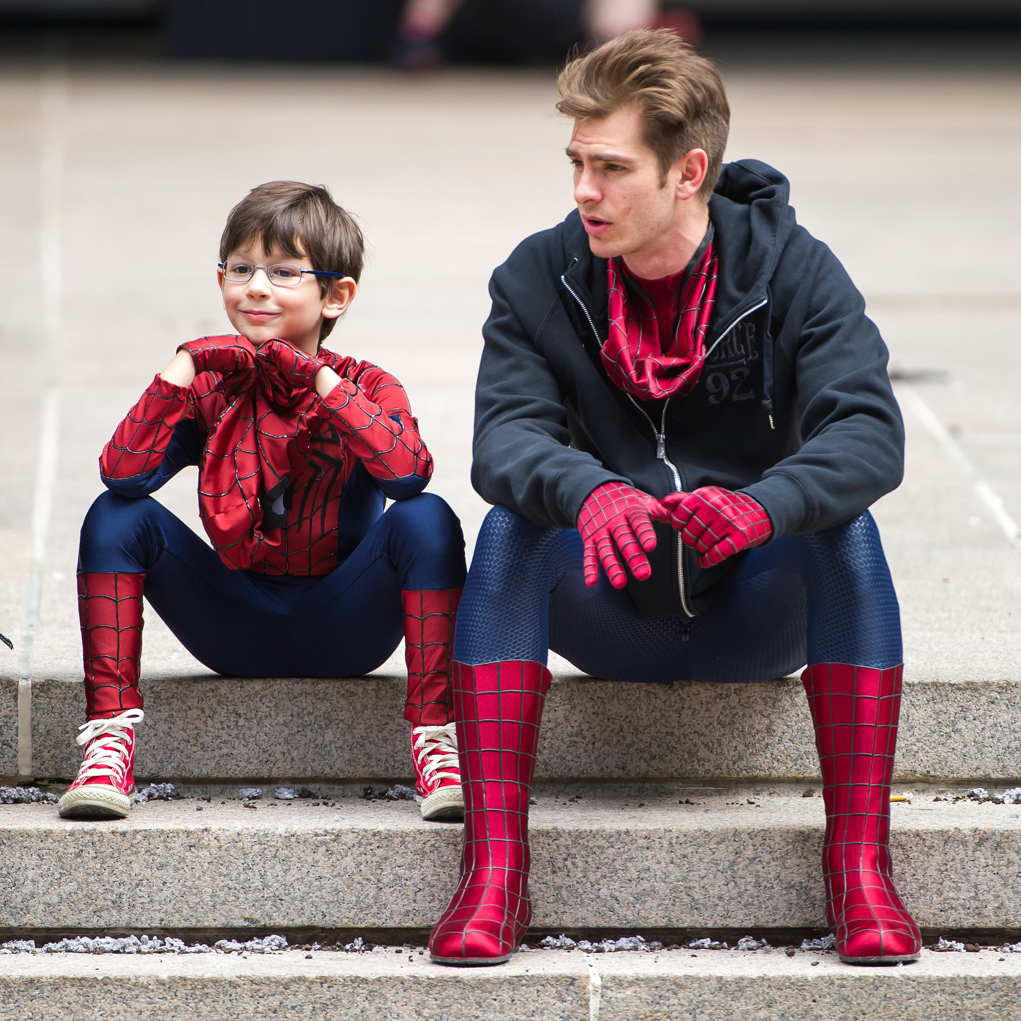 Jorge Vega and Andrew Garfield on the set of The Amazing Spider-Man 2