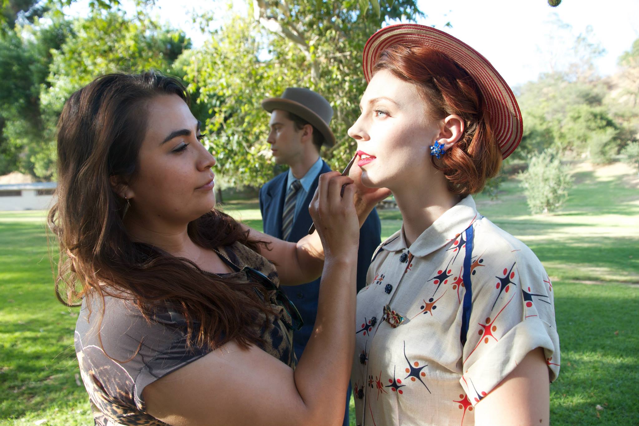 Touch ups on actress Emily Elizabeth Martz on the set of IN HER PROPPER PLACE
