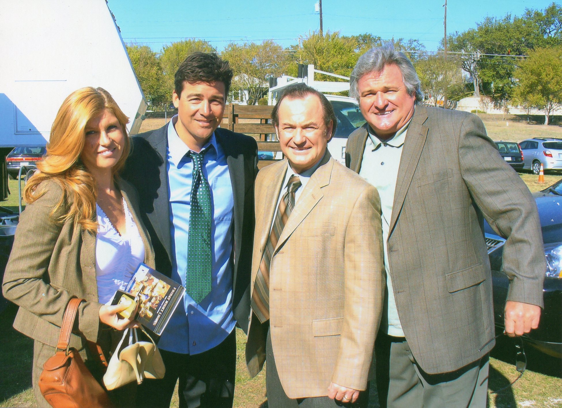 David Born, Connie Britton, Kyle Chandler and Brad Leland on the set of Friday Night Lights.