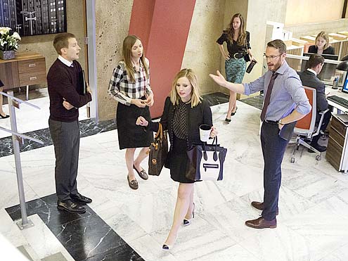 Brad Schmidt, Lauren Lapkus, Kristen Bell and Josh Lawson in season 3 on HOUSE OF LIES on Showtime.