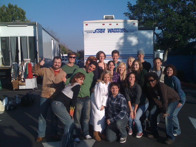 Rob and the Roller Dancers with Kristin Chenoweth outside their trailer of 