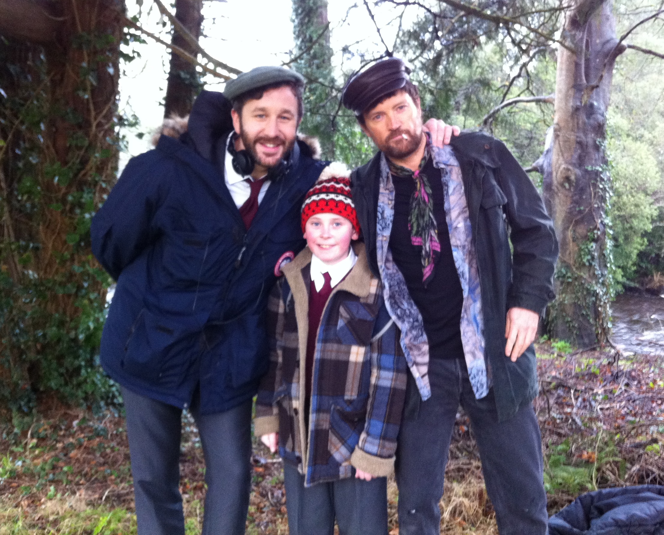 Chris O'Dowd; David Rawle; Steve Wall on the set of Moone Boy S01.