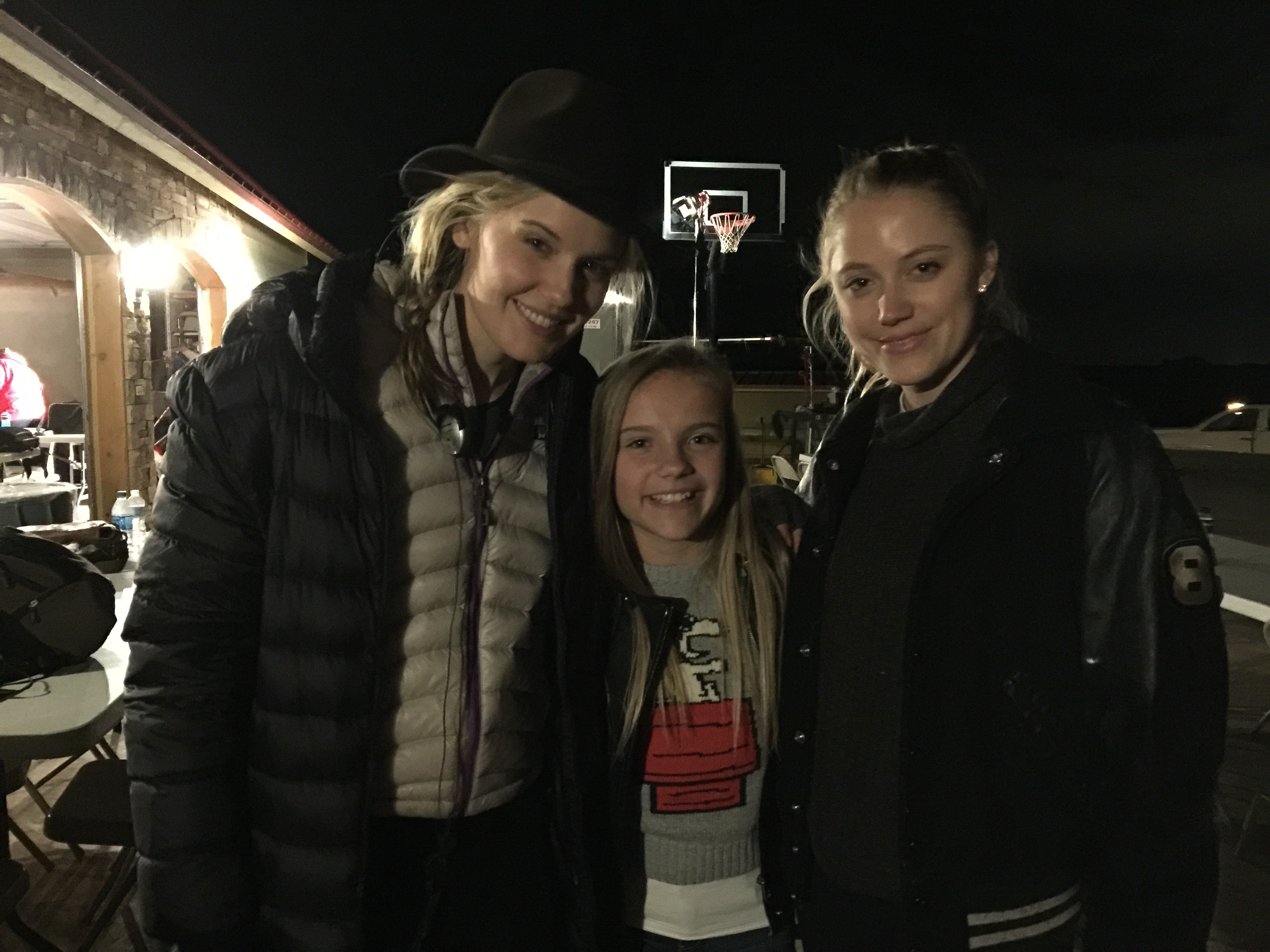 Meg Crosbie with Maggie Grace and Maika Monroe on the set of The Scent of Rain & Lightning.