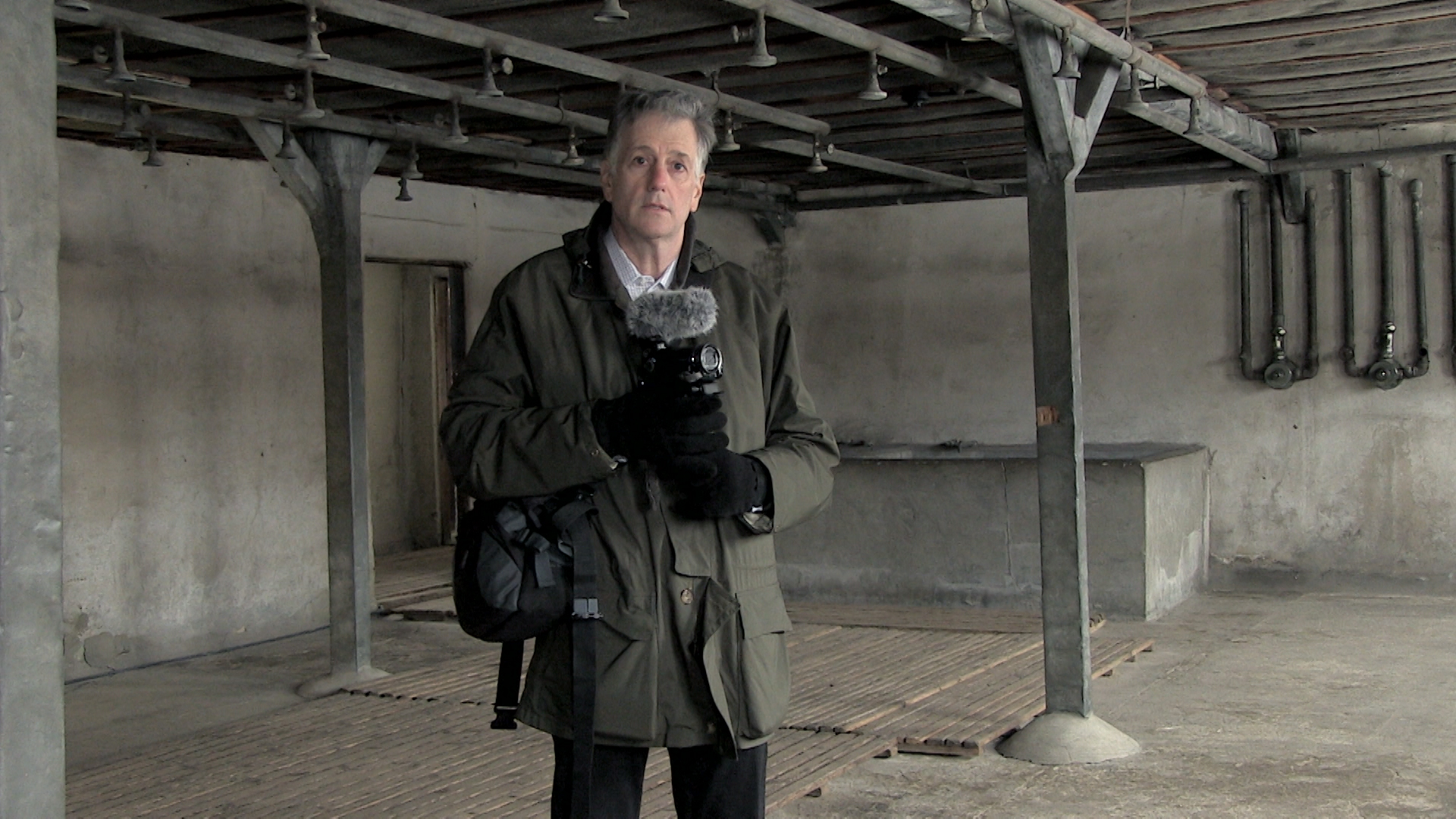 Paul Bachow in the showers outside the gas chambers in the Majdanek Concentration Camp in Poland.