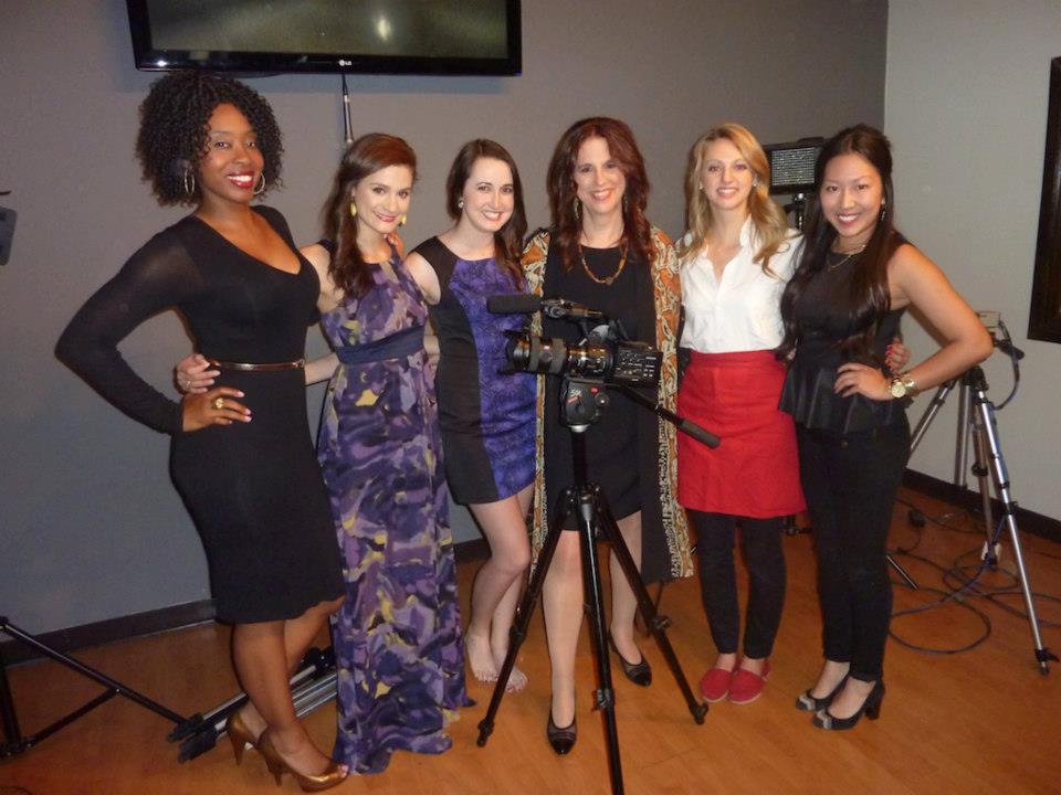 The cast of Not Quite Fabulous filming episode #5, first season. L-R: Courtney Stewart, Danielle Argyros, Margaux Mireault, Lisette Brodey, Shannon Stacey, Kim Cooper.