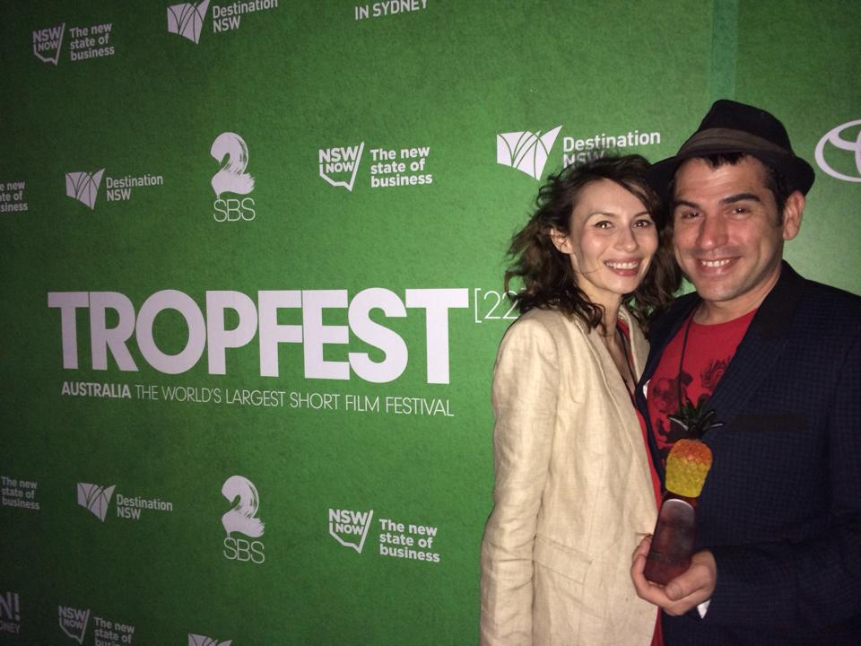 Lauren Orrell and Tropscore winner, Michael Lira on the Tropfest 22 Black Carpet