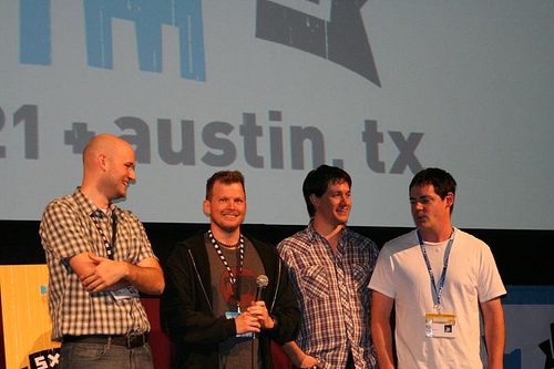 From the SXSW Premiere of The Overbrook Brothers. That's producer Chris Ohlson, director John Bryant, and actors Nathan Harlan and Mark Reeb.