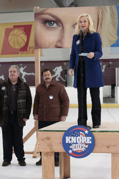 Still of Jim O'Heir, Nick Offerman and Amy Poehler in Parks and Recreation (2009)